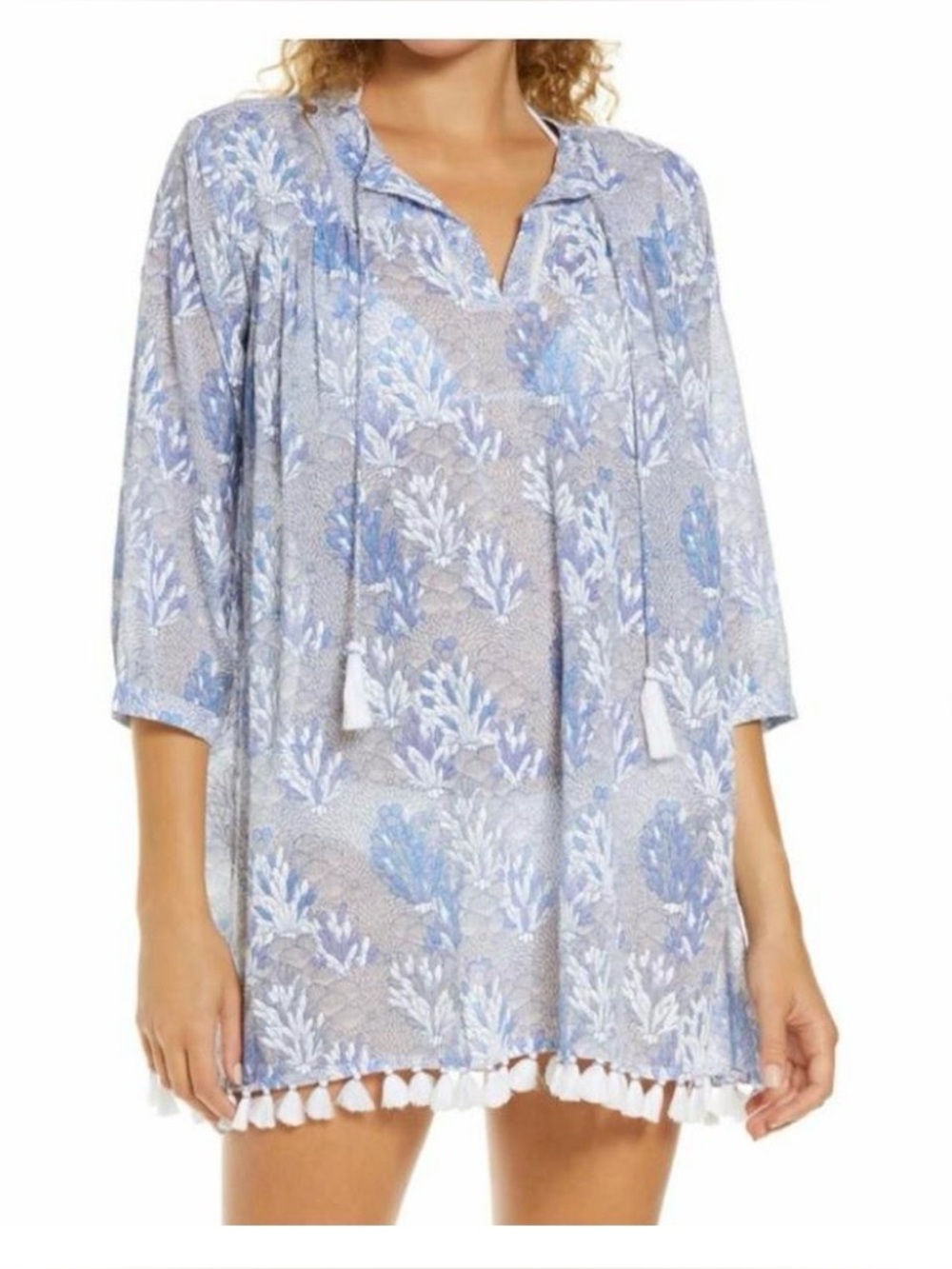 ROLLER RABBIT Blue &  White Tassels Lightweight Cotton Swim Cover Up XS